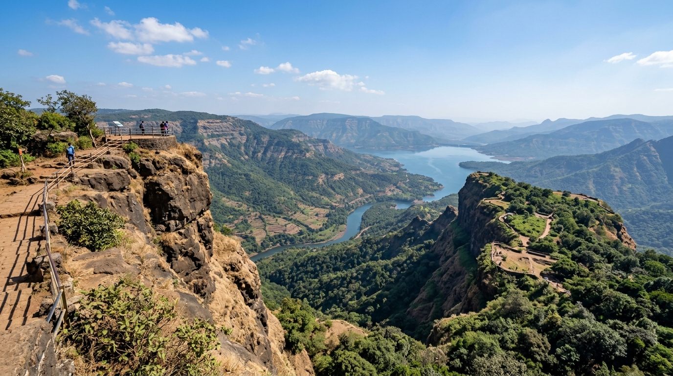 Panoramic view from Kate's Point over Krishna Valley, Mahabaleshwar